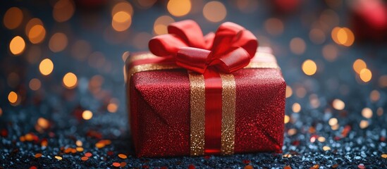 Festive red gift box with golden ribbon on glittering background for celebration and holiday themes