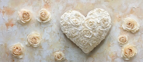 White heart adorned with delicate beige roses on a textured background for romantic and Valentine's Day themes.