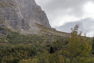 autumn morning walks in the nature park with views of the mountains and forest