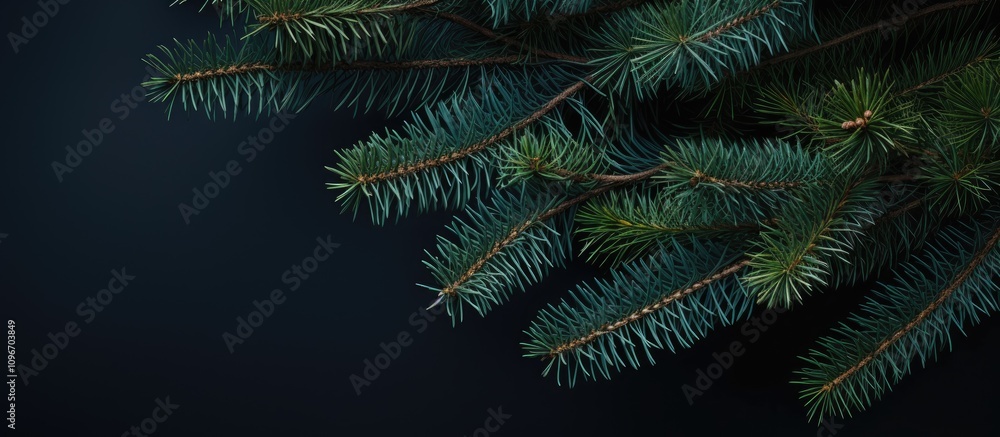Poster fresh fir tree branches on dark background with space for text in springtime nature close-up of need