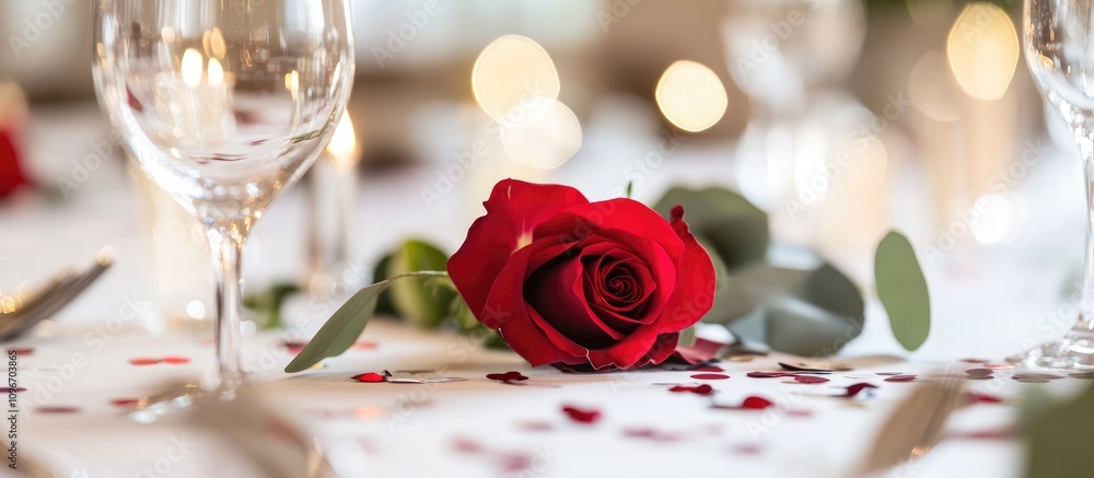 Poster elegant table setting with a single red rose and colorful confetti on a white tablecloth creating a 