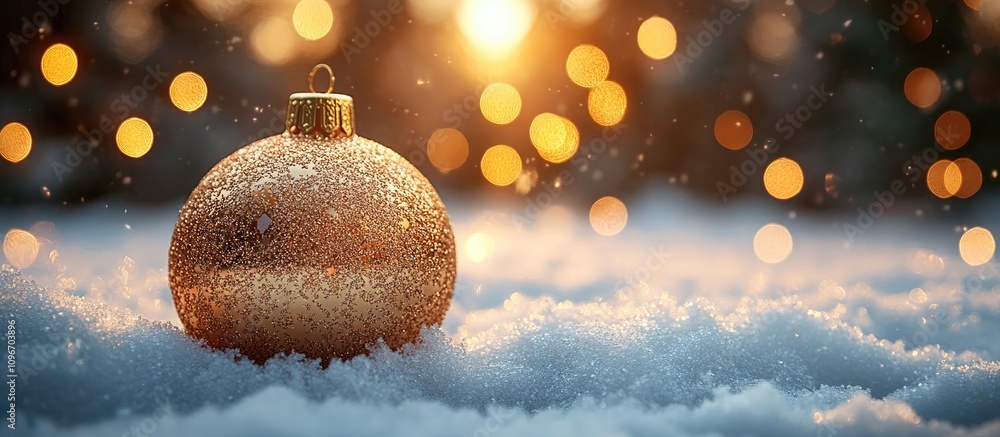 Poster golden christmas ornament resting on sparkling snow with soft bokeh lights creating a warm festive a