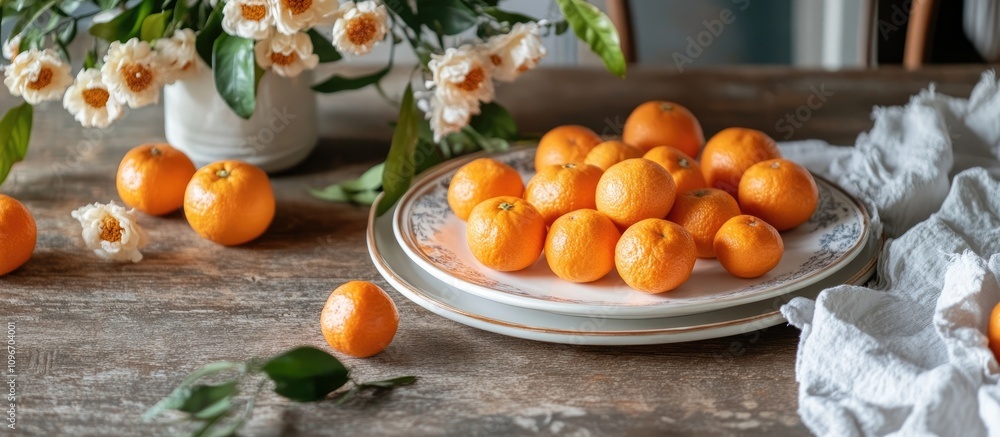 Aufkleber tangerines displayed on a decorative plate with floral arrangement and rustic tabletop setting in na