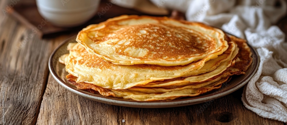 Poster stack of golden potato pancakes served on a rustic plate on a wooden table with soft linen and warm 
