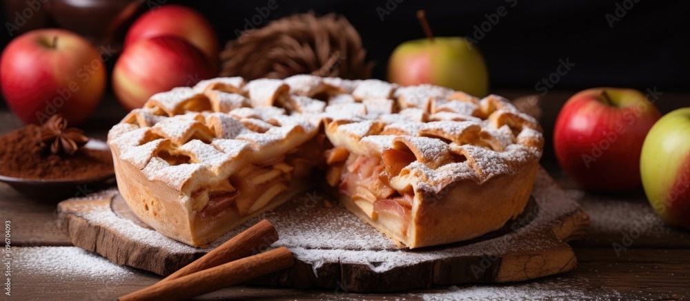 Poster delicious apple pie with a slice removed surrounded by fresh apples and spices on a rustic wooden ta