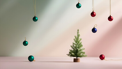 The background is soft pastel with a subtle gradient effect to evoke a sense of serenity, with minimalist Christmas tree ornaments scattered around the edges in simple round shapes and rich tones.