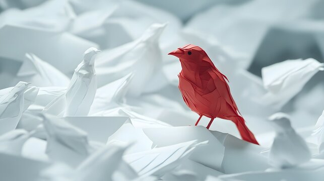 A single red origami bird stands out amidst a sea of white, symbolizing uniqueness and individuality in a conformist world.