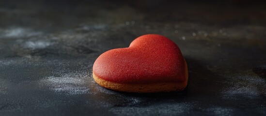 Obraz premium Red heart shaped cookie on a dark background symbolizing love and affection for romantic occasions and celebrations