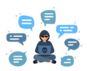 A bubble with written text. Hacker is sitting at computer, cracking the username and password. Phishing scam, hacker attack and online scan and steal. vector illustration.