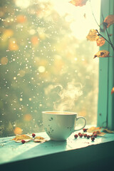 Steaming cup of coffee on a teal windowsill, surrounded by autumn leaves and red berries, with dreamy golden light streaming through a fogged window for a cozy seasonal atmosphere.