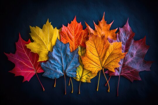 A cluster of five maple leaves with distinct colors, ideal for autumn or nature-themed designs