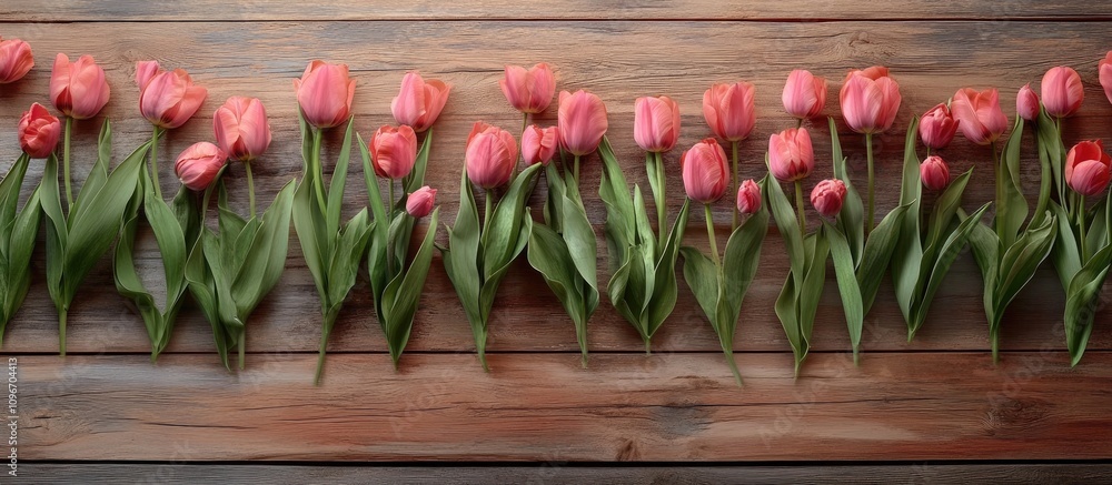 Poster fresh pink spring tulips arranged on rustic multicolored wooden boards creating a charming border wi