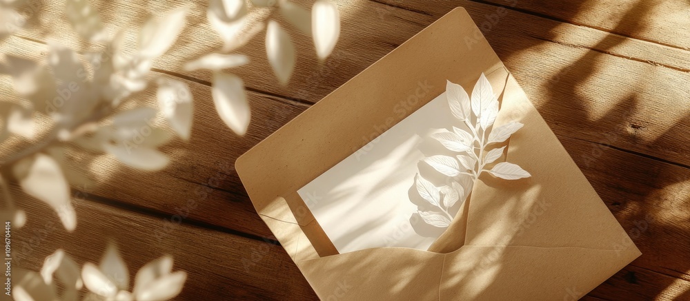 Poster kraft paper envelope with blank card and white leaf design on a rustic wooden surface creating a ser