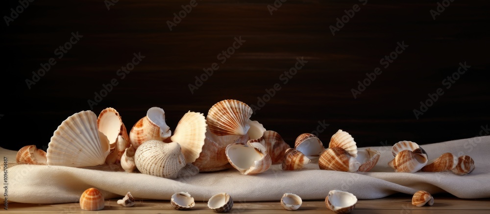 Poster seashells arranged artistically on a textured surface with a dark background showcasing their natura