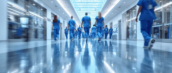 Fototapeta premium Busy Hospital Corridor with Doctors and Nurses in Blue Scrubs Motion Blur Bright White Interior
