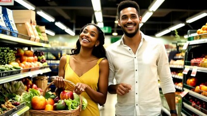 Smiling african american couple shopping in a grocery store. The man is holding a basket of fruits and vegetables