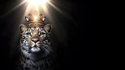 Majestic leopard, crowned in gold, basking in radiant light; a regal portrait.