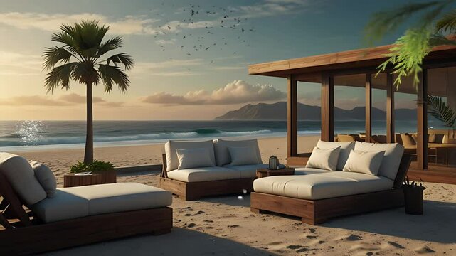 Cozy sofa on the beach during the day. Seamless 4K looping timelapse video animation background