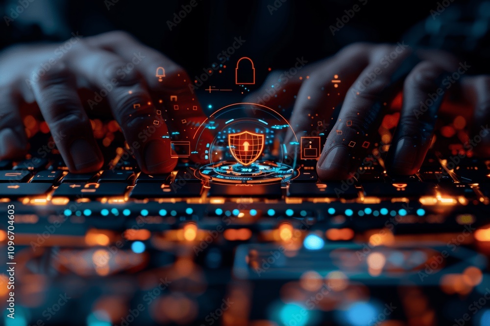 Poster cybersecurity protection for personal data with lock icon and network safety on laptop and virtual s