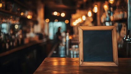 Empty blackboard mockup frame on a bar table with a blurred background of a rustic pub interior, providing space for design and branding concepts. 