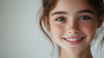 Naklejka premium A close-up shot of a young girl's face featuring freckles, suitable for use in illustrations or as a reference image