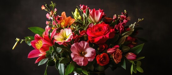 Vibrant red floral arrangement showcased against a contrasting dark backdrop highlighting elegance and color richness