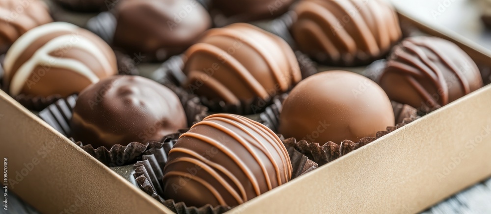 Poster assorted gourmet chocolate truffles in a decorative box with rich textures captured in close up and 