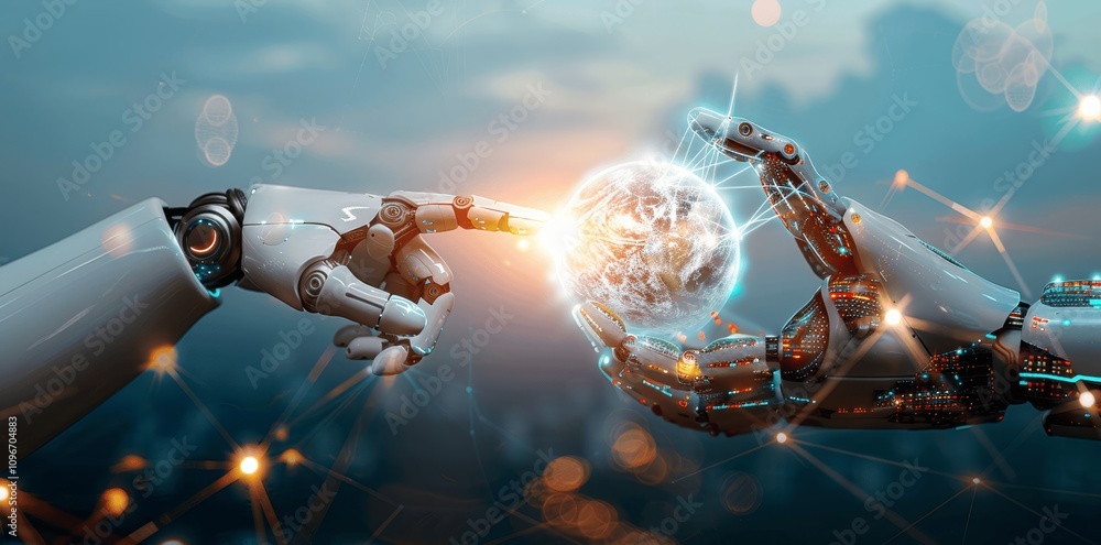 Poster ai and human collaboration with robot touching digital globe network in futuristic technology and sc