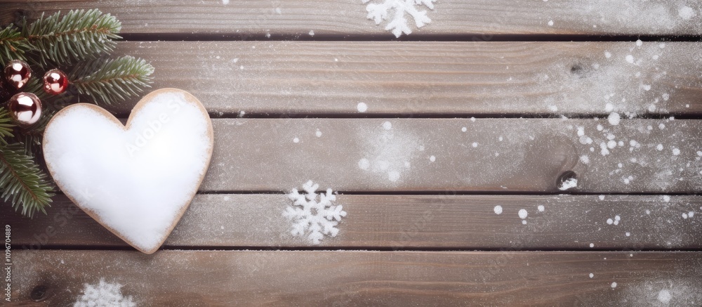 Poster snow-covered christmas tree branch with heart ornaments on wooden table creating a cozy holiday atmo