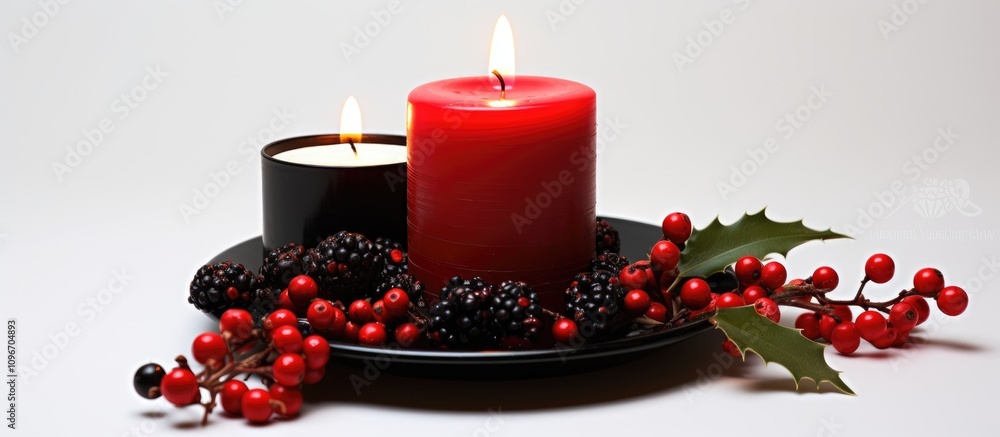 Poster candle lamp with fir twigs and red berries on a white background creating a festive atmosphere for h