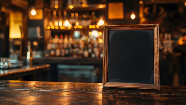 Empty blackboard mockup frame on a bar table with a blurred background of a rustic pub interior, providing space for design and branding concepts. 