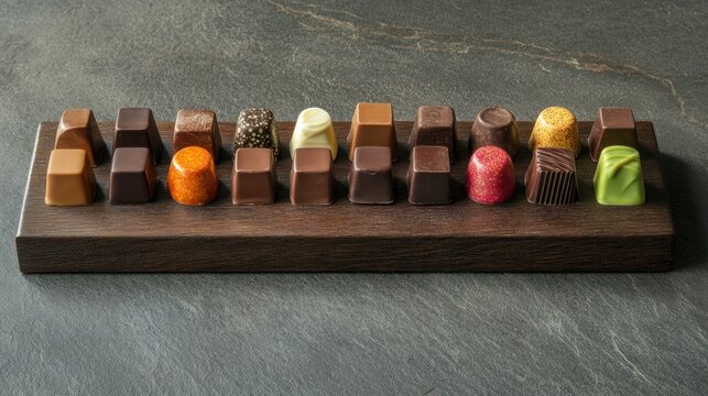 Rows of gourmet chocolates on a dark wooden board, high-end look