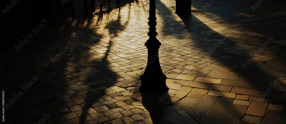 Aufkleber sunset shadows from streetlight on cobblestone pathway creating a dramatic and moody atmosphere in u