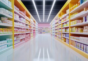 Photo of an empty grocery store aisle with shelves lined with colorful supermarket products. The floor is glossy and white.