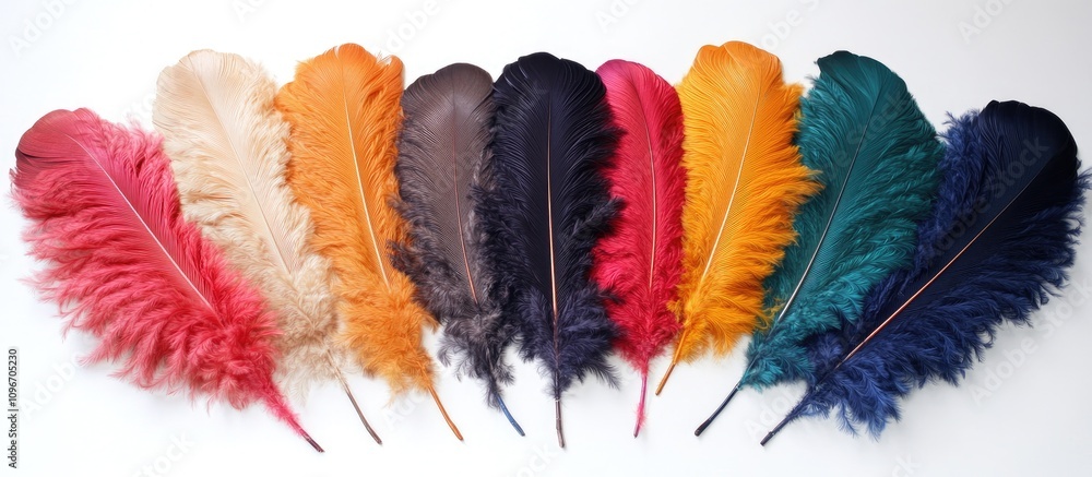 Poster vibrant assortment of multicolored ostrich feathers arranged neatly on a white background showcasing