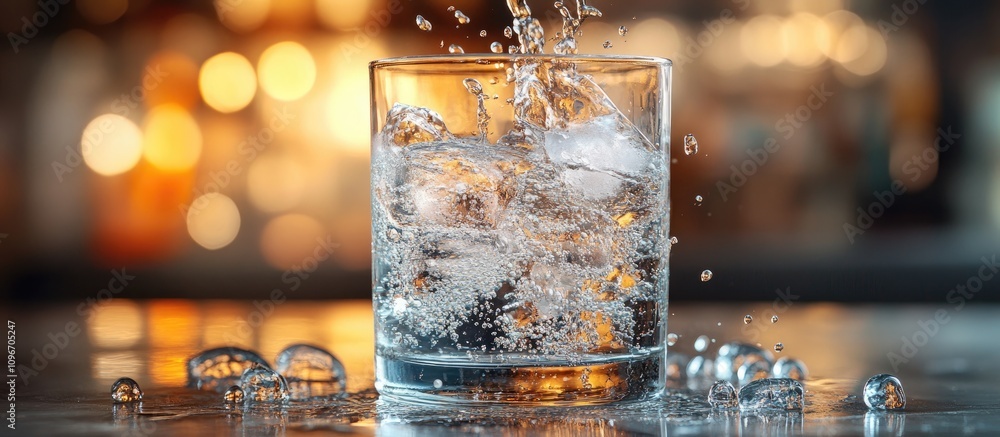 Poster sparkling refreshment poured into a glass with bubbles and ice in a vibrant bar setting, highlightin