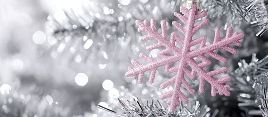 Pink snowflake ornament hanging on a shimmering silver Christmas tree creating a festive winter atmosphere with sparkling lights.