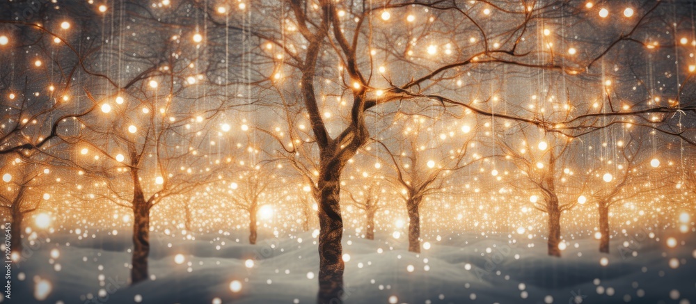 Poster enchanting winter landscape with illuminated trees and fairy lights creating a magical atmosphere in