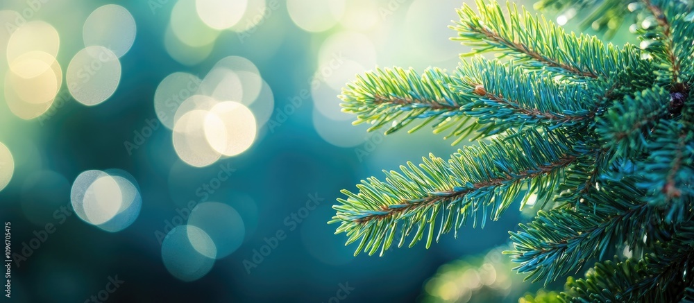 Poster bokeh background featuring lush fir tree branches in serene blue tones creating a tranquil and festi