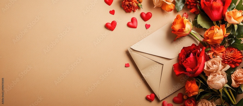 Poster festive greeting card with opened envelope surrounded by colorful flowers and heart shapes on a warm