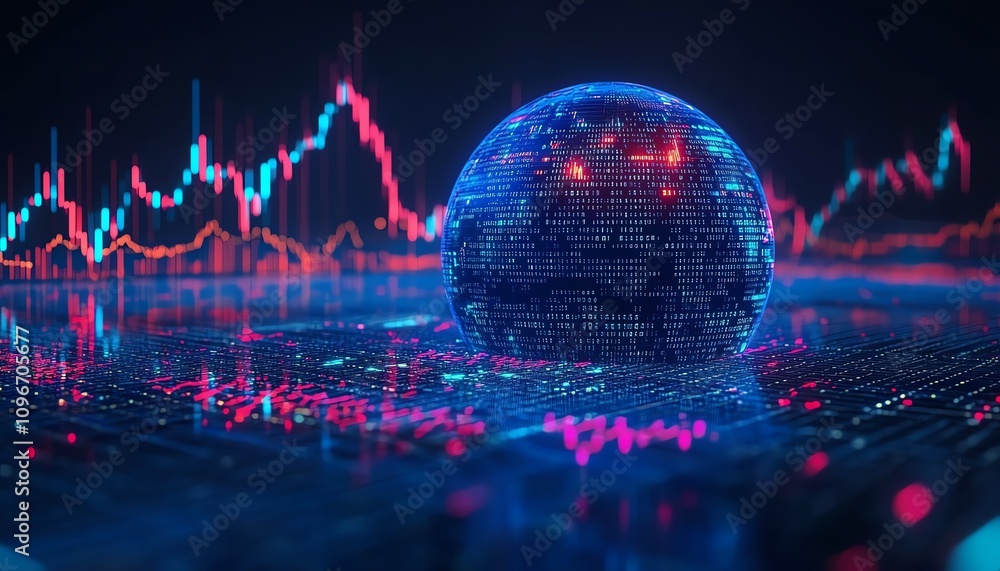 Aufkleber 3D digital globe with glowing binary code and financial graphs, blue background, global data analytics and financial trends