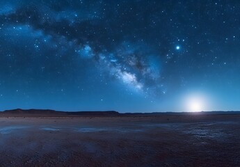 Starry sky, Milky Way galaxy, distant view of a desert planet's surface, moon and stars in the background, bright light on the horizon,