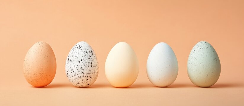 Natural dyed Easter eggs in pastel colors arranged on a soft peach background for a festive spring theme decoration