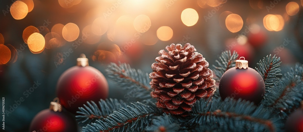 Aufkleber festive pinecone and ornaments on evergreen branches with warm bokeh lights creating a cozy christma