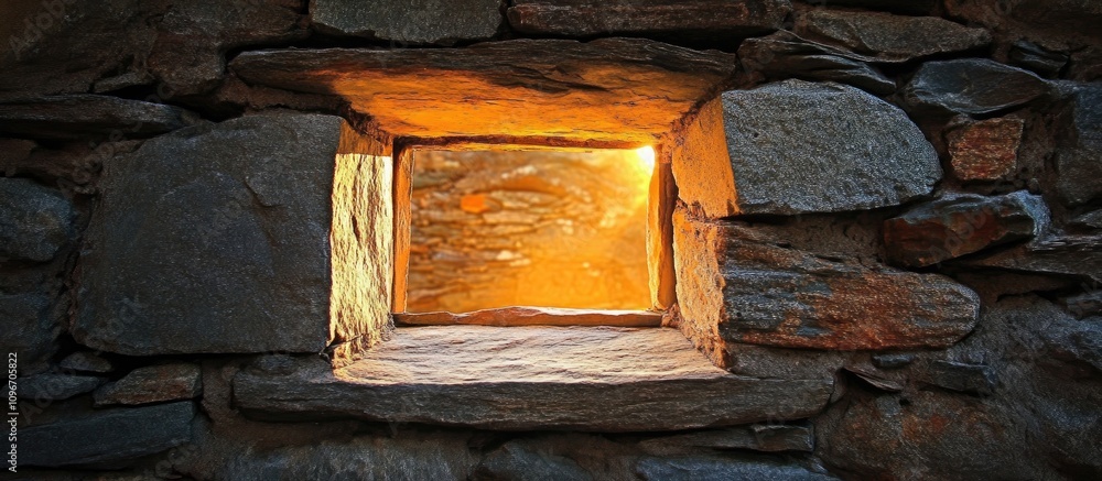 Poster stone window casting warm afternoon light highlighting rustic textures and ancient architecture in a