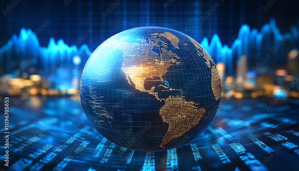 Poster 3D rendered digital globe with flowing binary code and financial graphs on a blue background, global finance and data concept