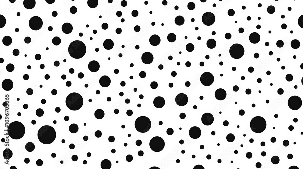 Poster a seamless pattern featuring various sizes of black circles on a white background, perfect for use i