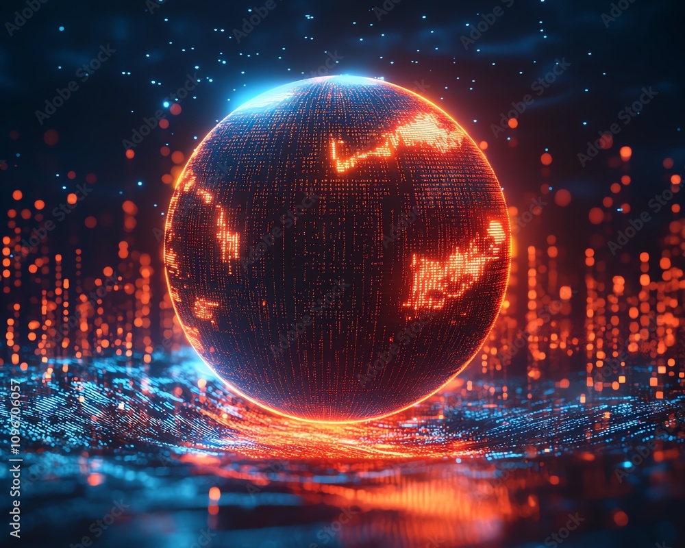 Aufkleber 3D rendered digital globe with flowing binary code and financial graphs on a blue background, global finance and data concept
