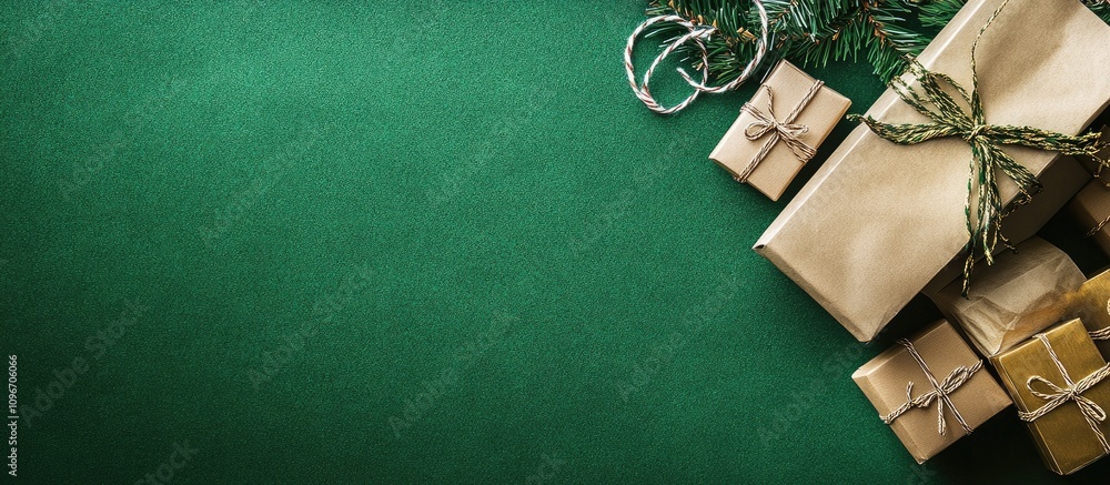 Poster top view of neatly arranged gift boxes on a green table with festive decorations creating a warm hol