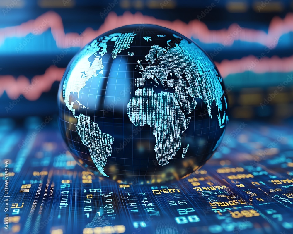 Aufkleber 3D rendered digital globe with moving binary code and financial market graphs, blue background, representing global financial data